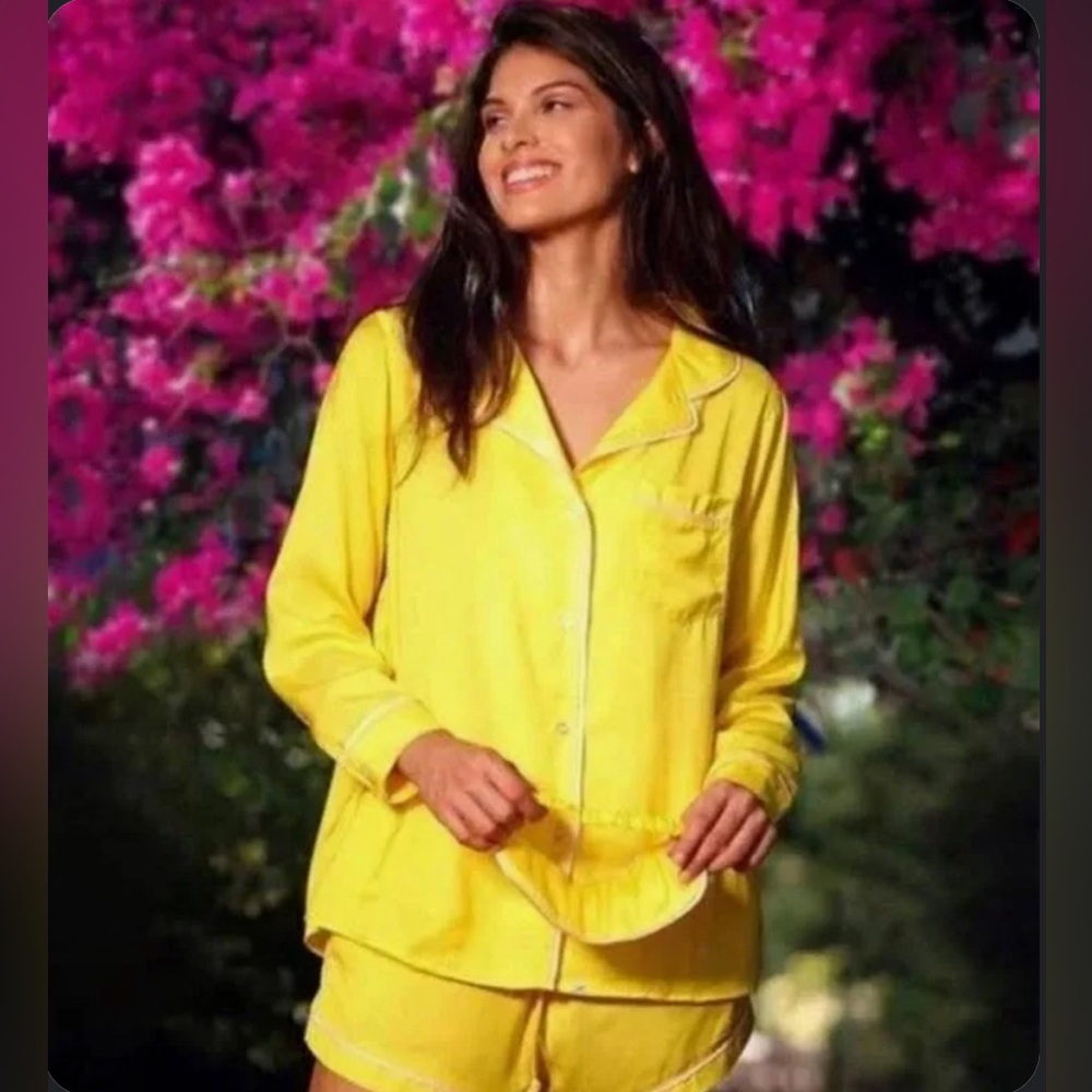 Plush apparel (Revolve) Yellow Faux Silk Pajama Set + eye mask